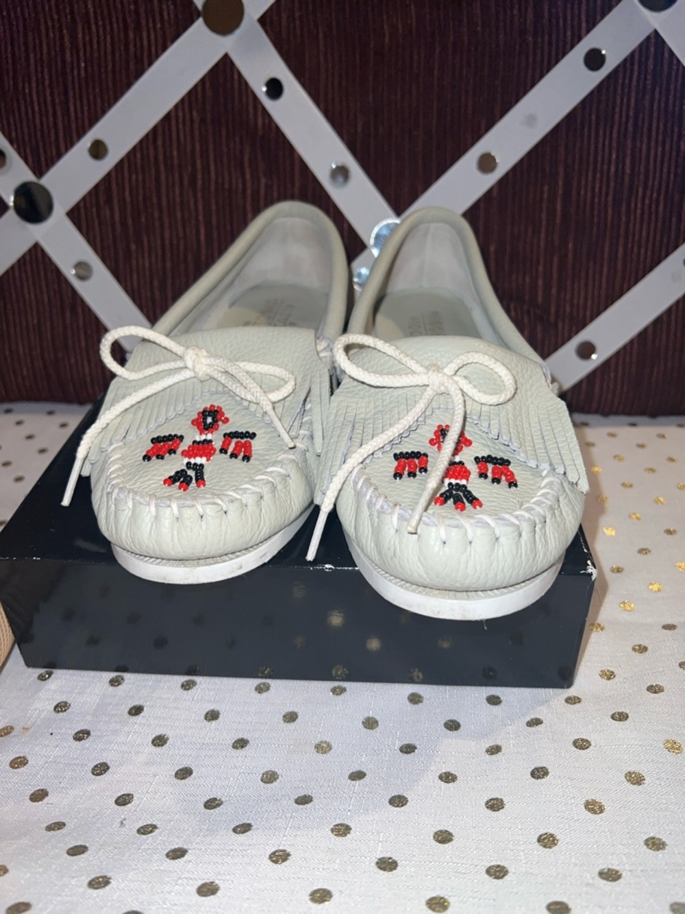 Minnie tonkan Fringed Leather Moccasin Flats with Beaded Cross Detail - White